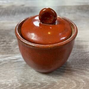 Handmade Studio Pottery Lidded Jar – Rust Red Glaze by Marilyn – 2.5"x3"